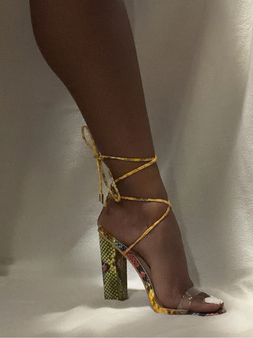 Yellow Snake-Print Lace-Up Block Heel Sandals